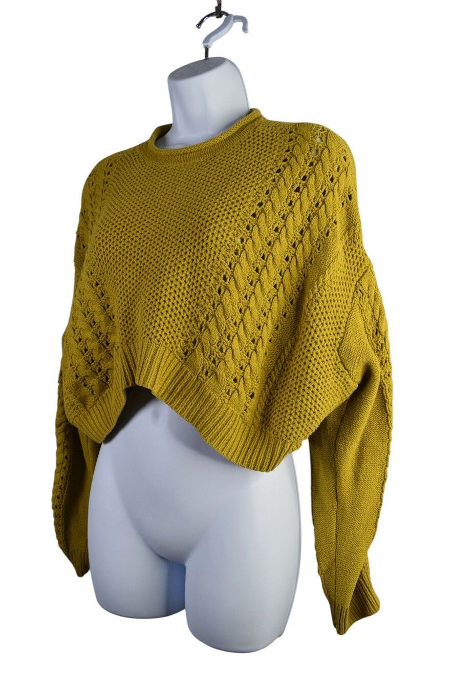 BDG Urban Outfitters Sweater Size S Mustard Yellow Cropped Cable Knit Boho - Picture 3 of 8
